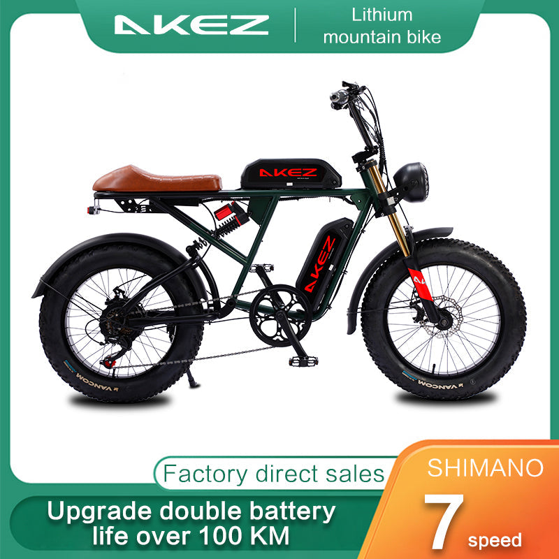 AKEZ, Retro Electric Mountain Bike, 750W 48V Dual Batteries, 20*4.0 Inch Fat Tire, Top speed 15.5Mph